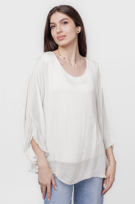 Bluza din matase si vascoza cu maneca clopot, alba