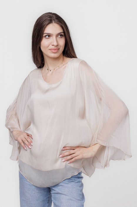 Bluza din matase si vascoza cu maneca clopot, bej