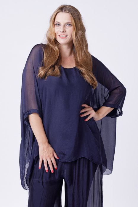 Bluza din matase si vascoza in colturi, bleumarin