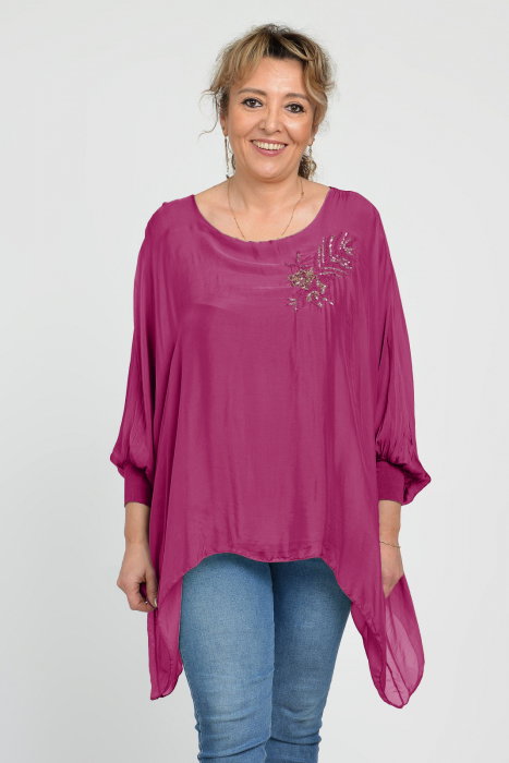 Bluza din matase si vascoza in colturi cu broderie cu paiete aurii mate, mov zmeura