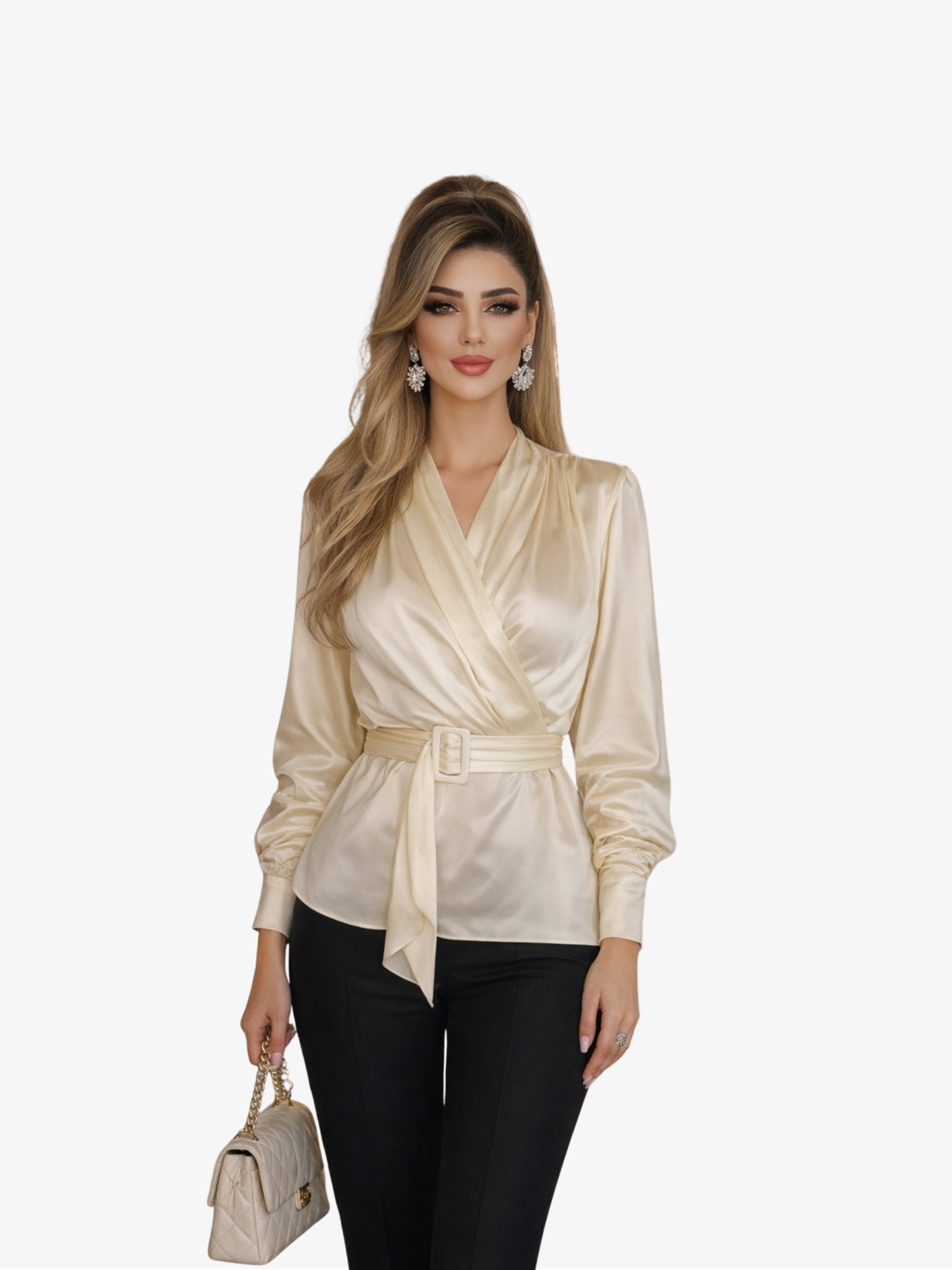 Bluza din Satin si Bumbac "Eveline", Alb Prafuit - L