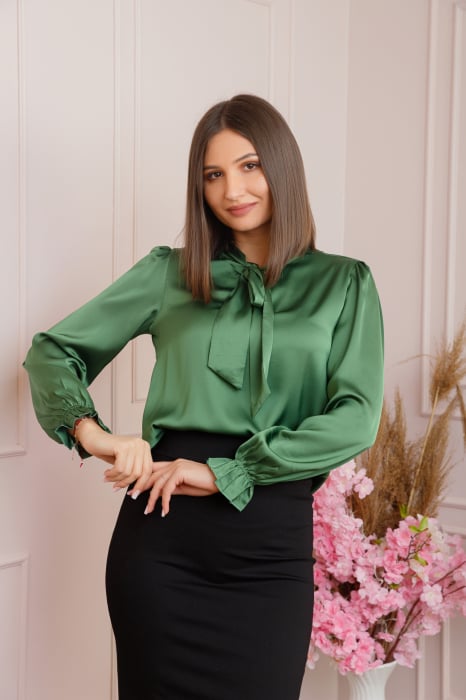 Bluza eleganta Celeste din satin cu maneci bufante si funda la gat - Verde