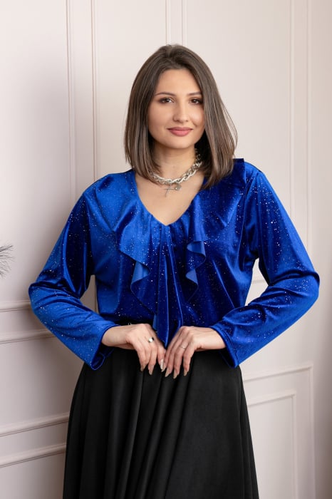 Bluza eleganta din catifea Cynthia cu volan si sclipici discret - Albastru regal