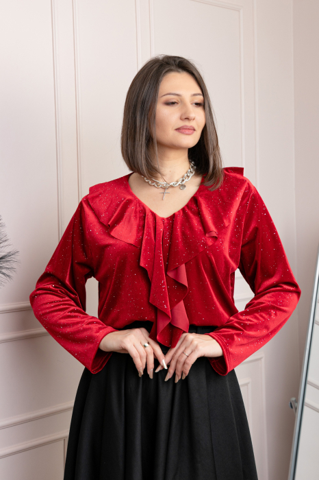 Bluza eleganta din catifea Cynthia cu volan si sclipici discret - Rosu