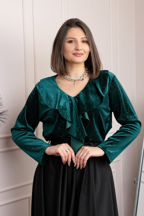 Bluza eleganta din catifea Cynthia cu volan si sclipici discret - Verde