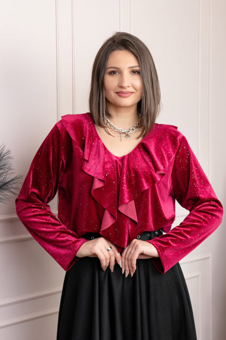 Bluza eleganta din catifea Cynthia cu volan si sclipici discret - Visiniu