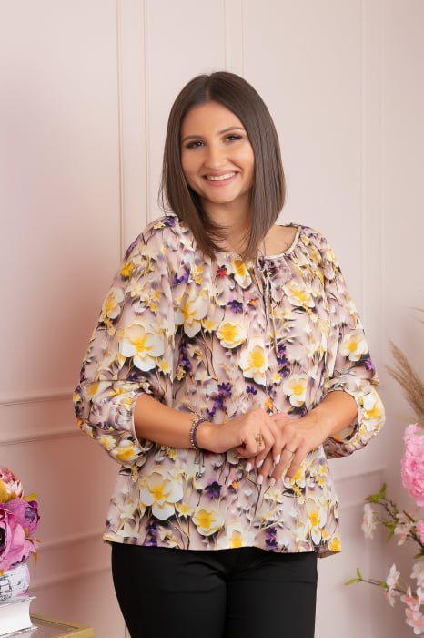Bluza eleganta Fiona din voal cu imprimeu floral lila