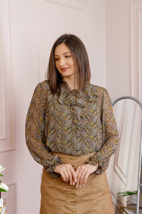 Bluza eleganta verde olive Lucienne cu imprimeu maro si jabou