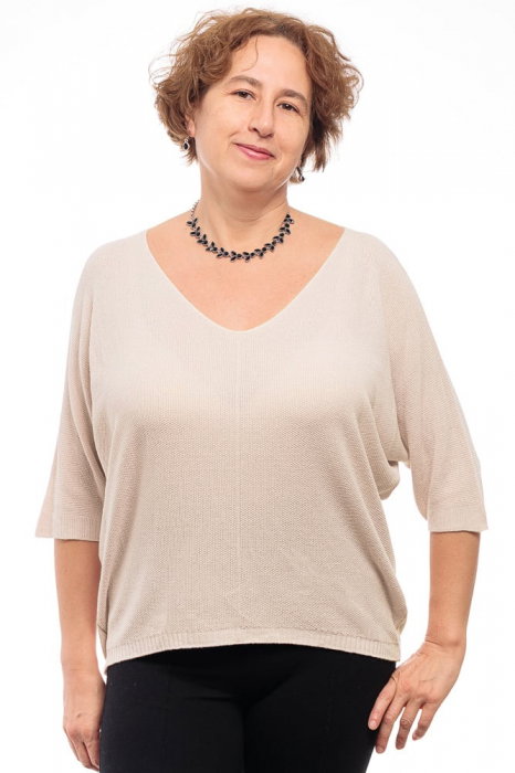 Bluza fin tricotata bob de orez, cu maneca fluture 3 4, bej inchis