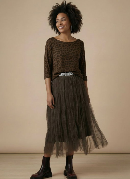 Bluza fina maro cu imprimeu animal print din modal cu casmir
