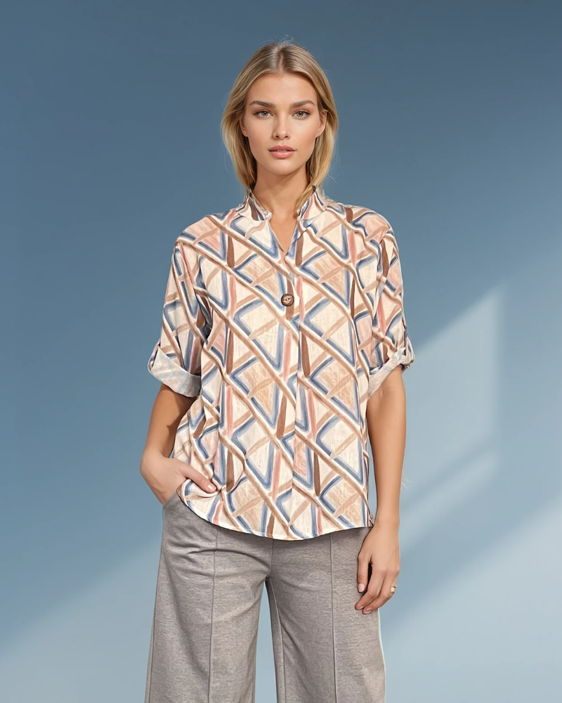 Bluză guler tunică cu un nasture albastru-jeans - Unica S-L