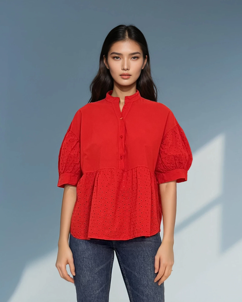 Bluza guler tunică și broderie rosu - Unica S-L