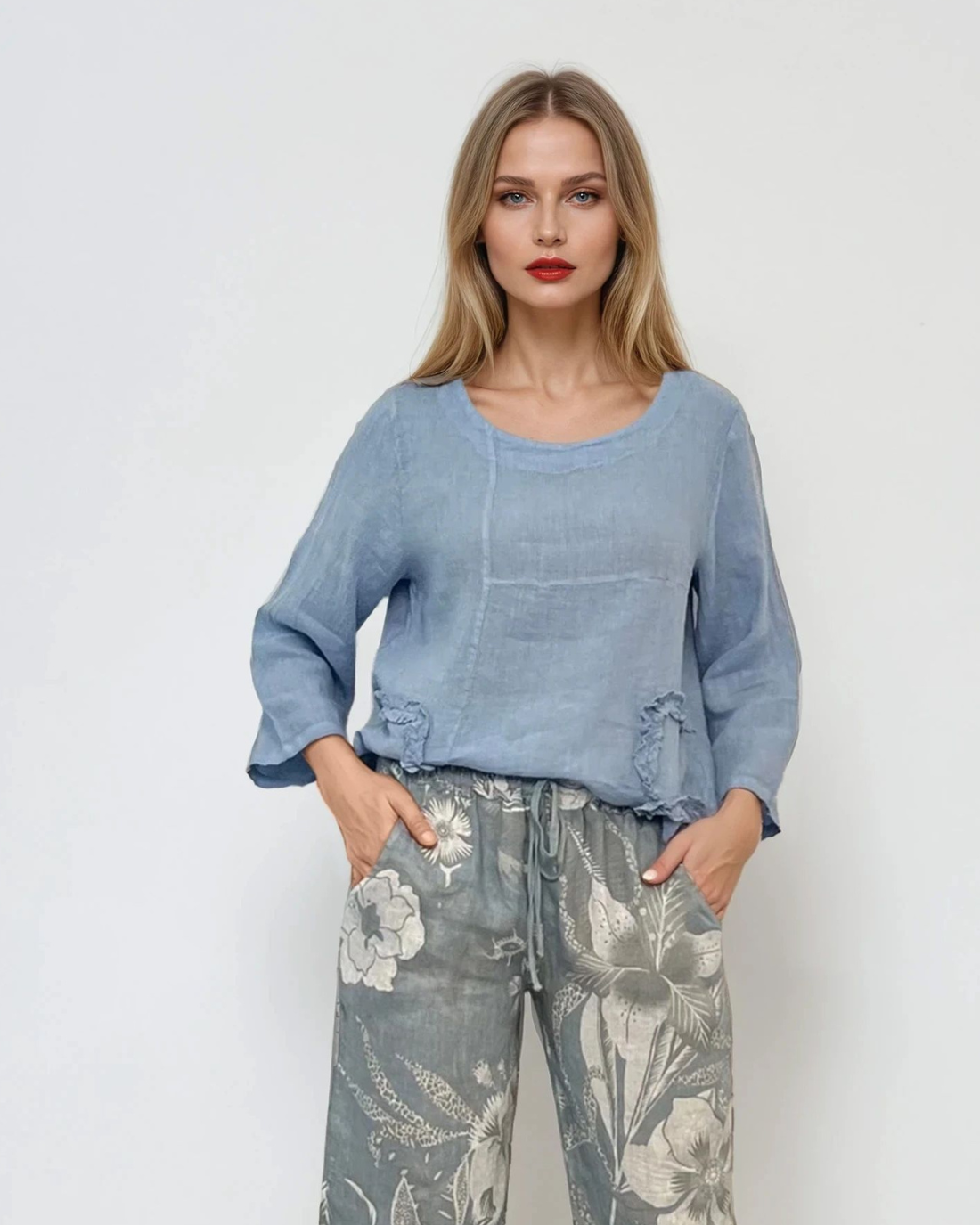 Bluză in cu volane aplicate bleu - Unica S-L