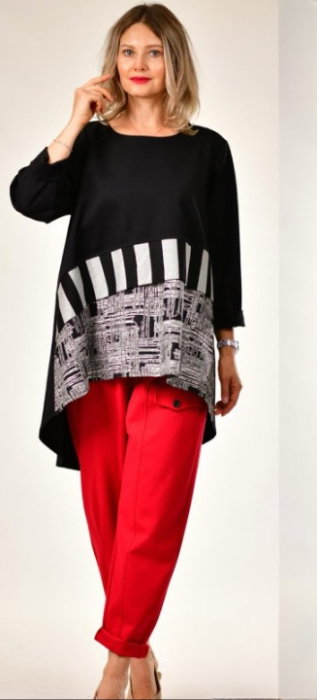 Bluza lunga asimetrica cu imprimeu grafic alb-negru