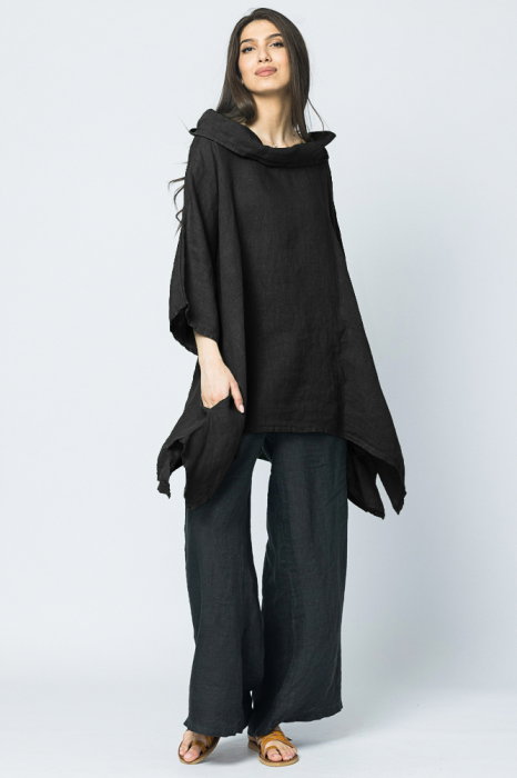 Bluza lunga in colturi, din in, cu gluga, neagra