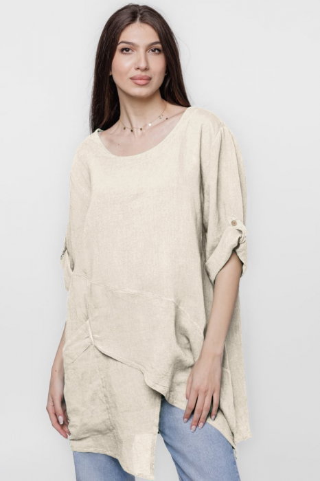 Bluza lunga tunica, in colturi, din in, bej