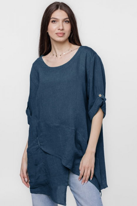 Bluza lunga tunica, in colturi, din in, bleumarin