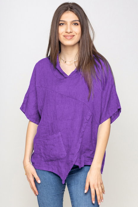 Bluza mov asimetrica din in, cu gluga