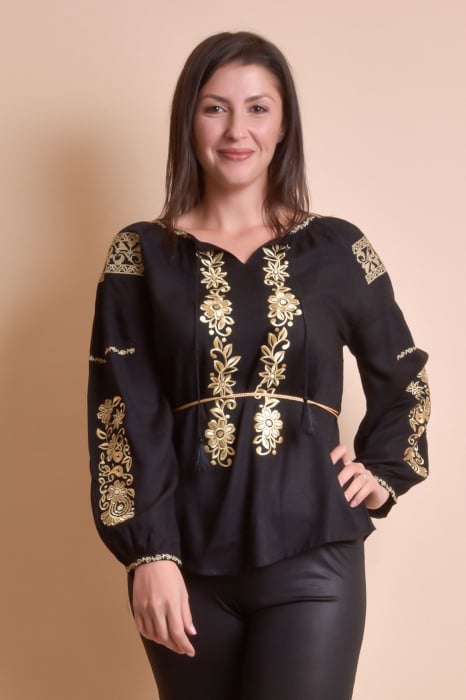 Bluza neagra cu motiv floral auriu Otilia 01