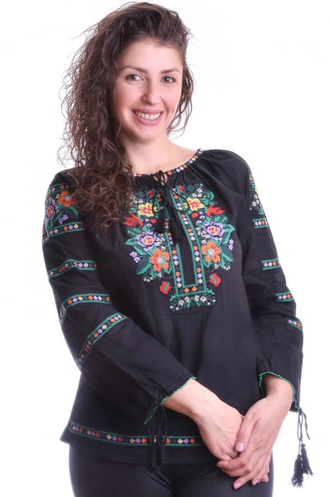 Bluza neagra cu motiv floral multicolor Anabela
