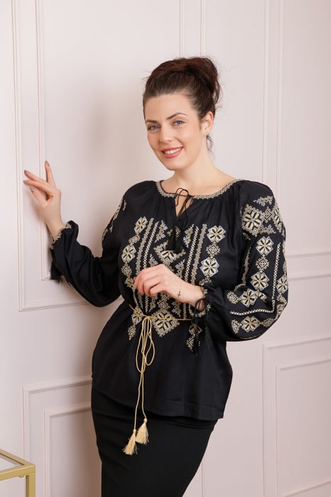 Bluza neagra cu motiv geometric auriu Gloria 03 - maneca lunga