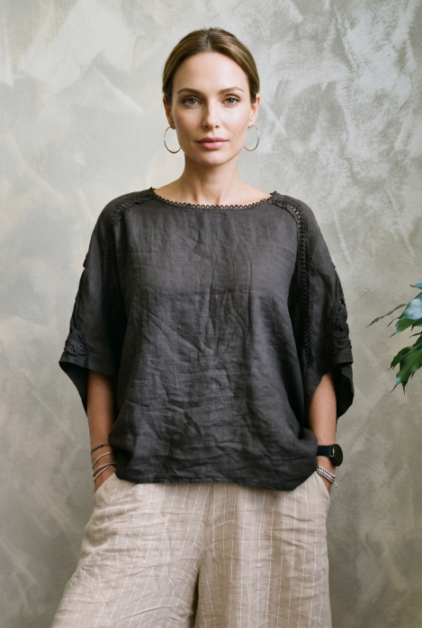 Bluza oversize din in cu broderie sparta din bumbac, maro