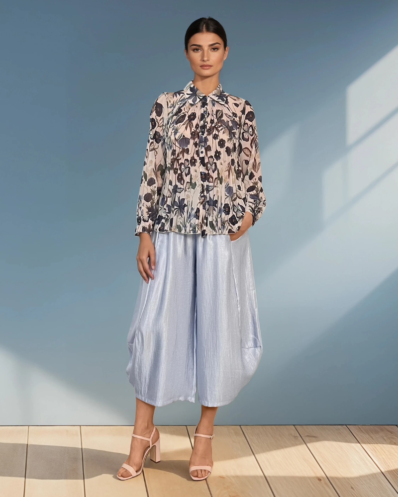 Bluză plisată cu print floral și mânecă lungă bleumarin - Unica S-L