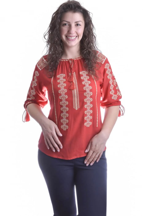 Bluza rosie cu motiv geometric auriu Melissa 02