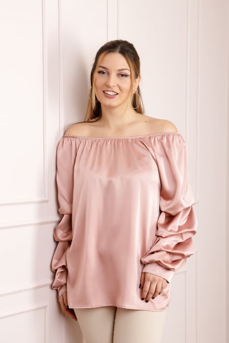 Bluza roz piersica eleganta cu maneci bufante