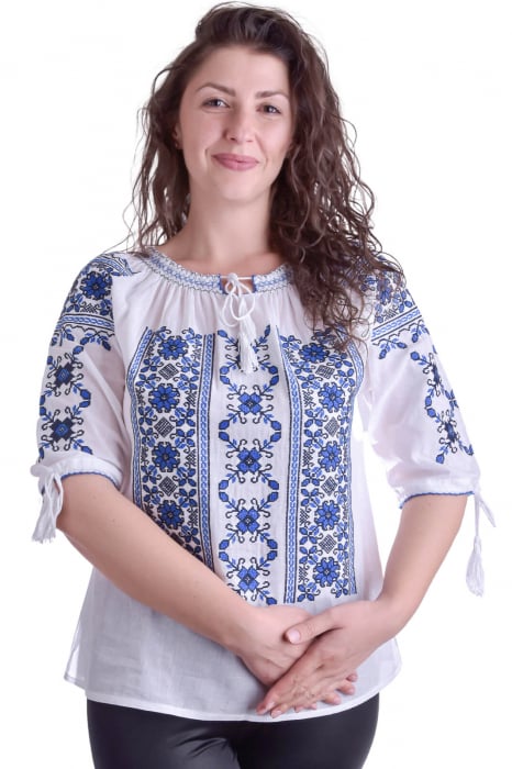 Bluza tip ie alba cu motiv floral albastru Liana 02