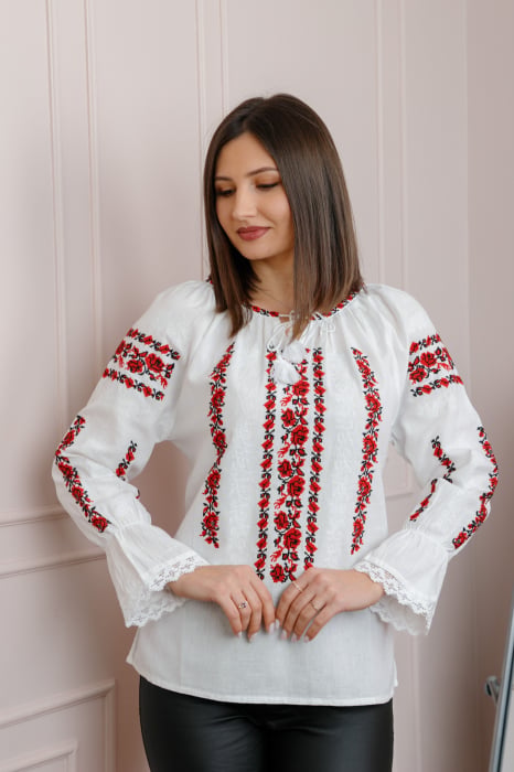 Bluza tip ie alba cu motiv floral rosu Cipriana 01