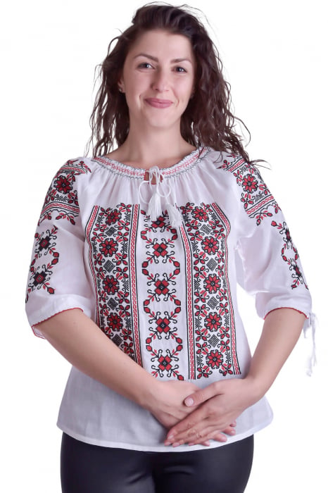 Bluza tip ie alba cu motiv floral rosu Liana 01