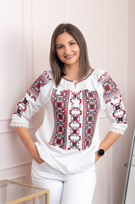 Bluza tip ie alba cu motiv floral rosu Liana 08