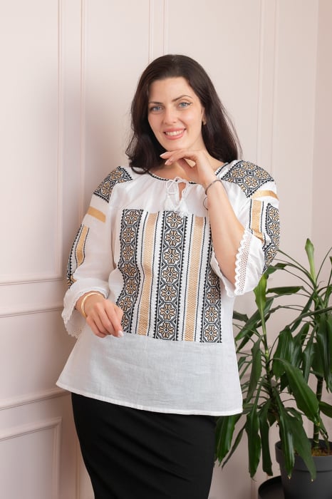 Bluza tip ie alba cu motiv geometric auriu Draga 02