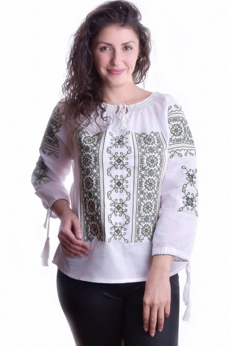 Bluza tip ie alba cu motiv geometric verde Liana 07