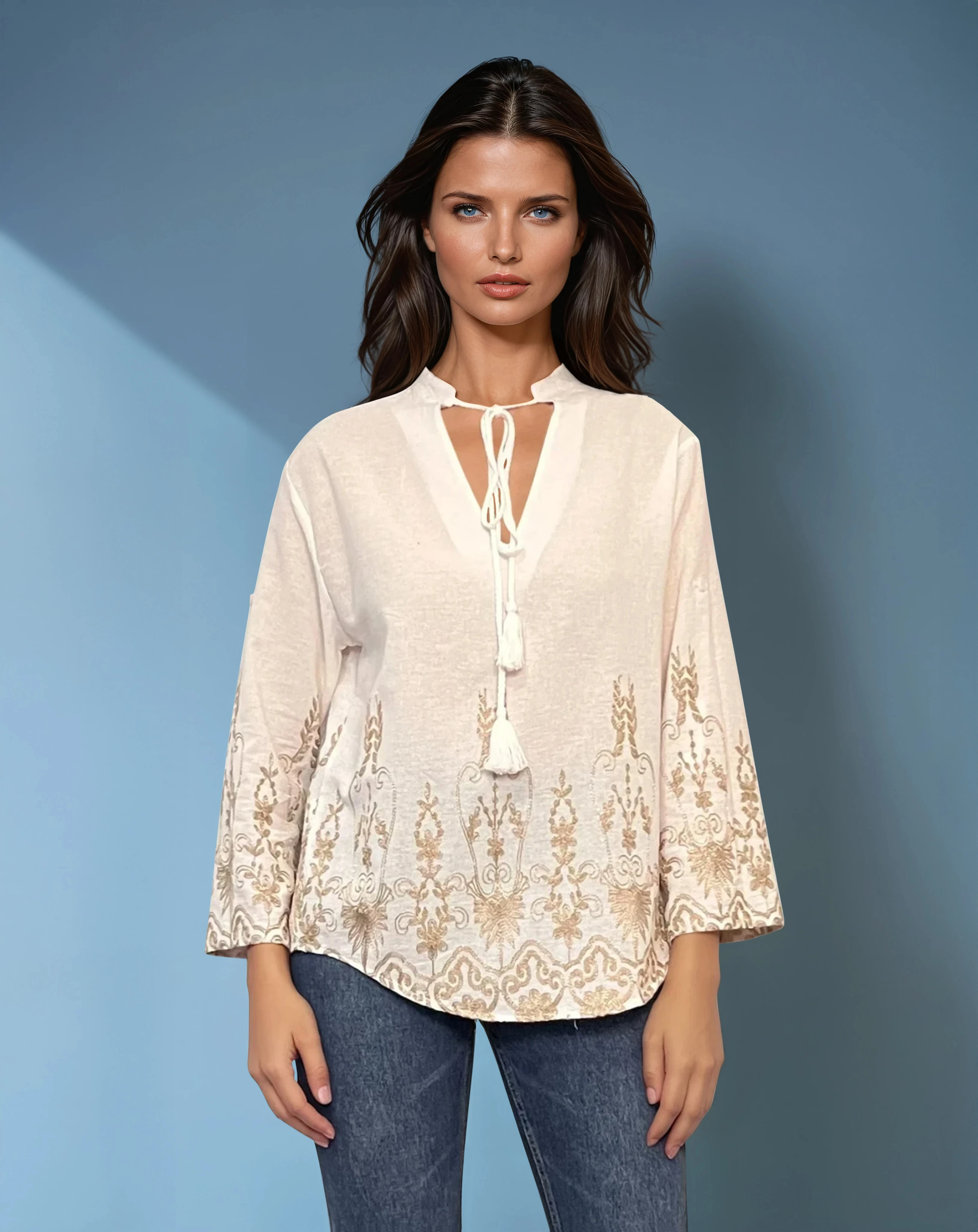 Bluză tip ie din bumbac cu broderie aurie și mânecă lungă alb - L/XL