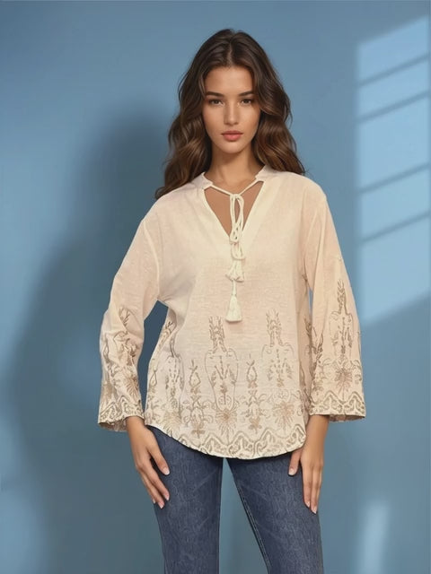 Bluză tip ie din bumbac cu broderie aurie și mânecă lungă crem - L/XL
