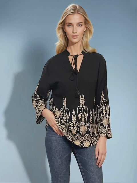 Bluză tip ie din bumbac cu broderie aurie și mânecă lungă negru - L/XL