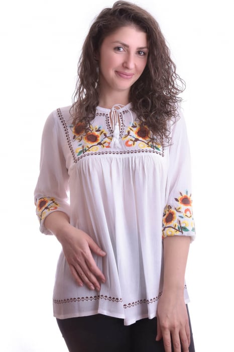 Bluza traditionala alba cu motiv floral multicolor Ingrid 02