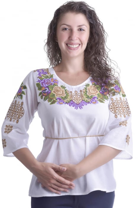 Bluza traditionala alba cu motiv floral multicolor Leila 01
