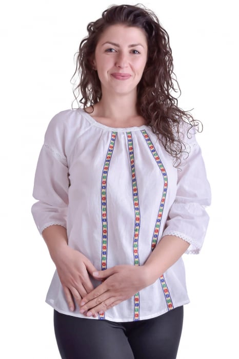 Bluza traditionala alba cu motiv geometric multicolor Anne