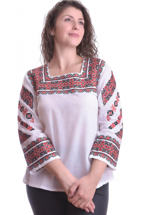 Bluza traditionala alba cu motiv geometric rosu Raisa 01