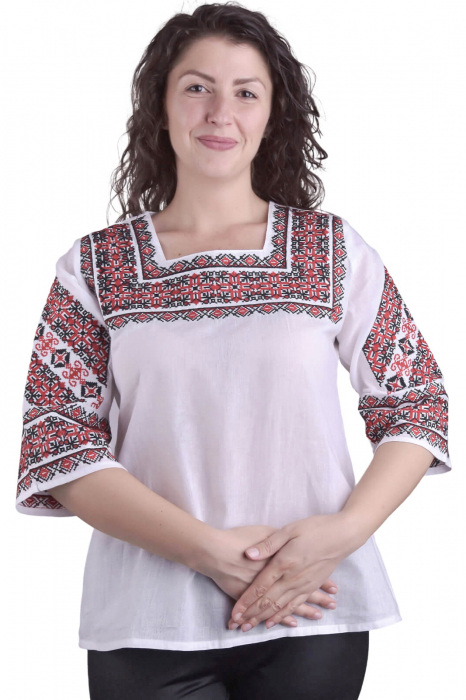 Bluza traditionala alba cu motiv geometric rosu Raisa 02