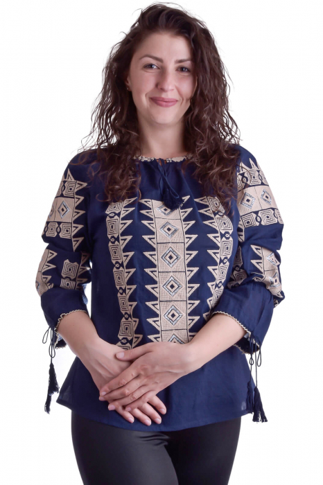 Bluza traditionala albastra cu motiv geometric crem Corina