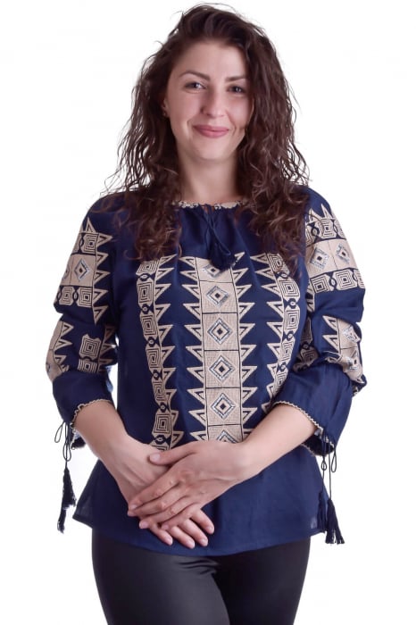 Bluza traditionala albastra cu motiv geometric crem Corina