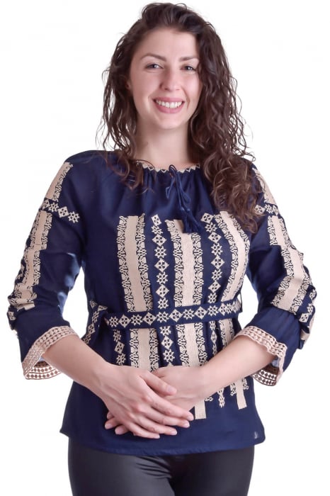 Bluza traditionala albastra cu motiv geometric crem Lorelai