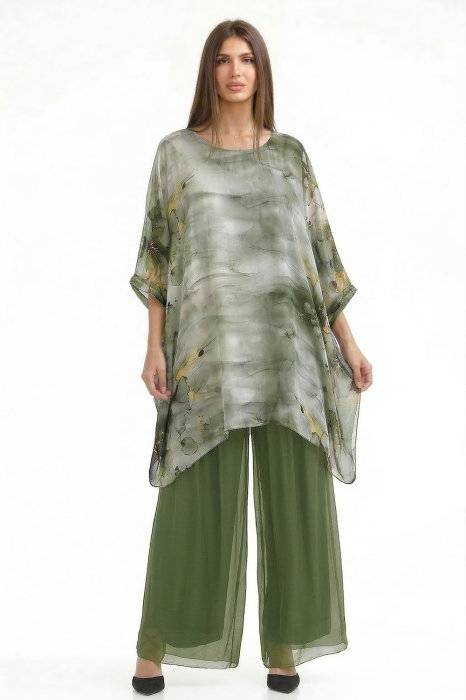Bluza tunica din matase si vascoza in colturi cu imprimeu pictural in nuante de verde oliv, kaki si galben