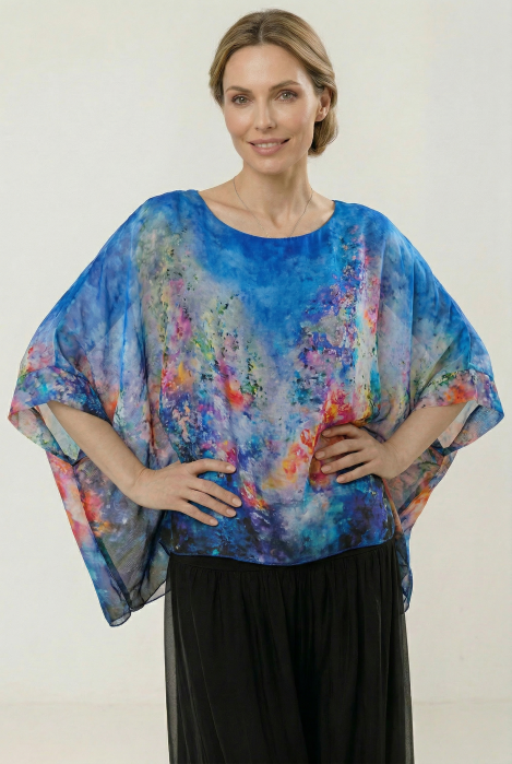 Bluza vaporoasa tip poncho din matase, croi oversized cu print pictural multicolora albastru