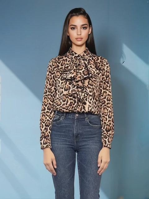 Bluza vâscoză cu volane, mânecă lungă, animal print animal-print - L/XL