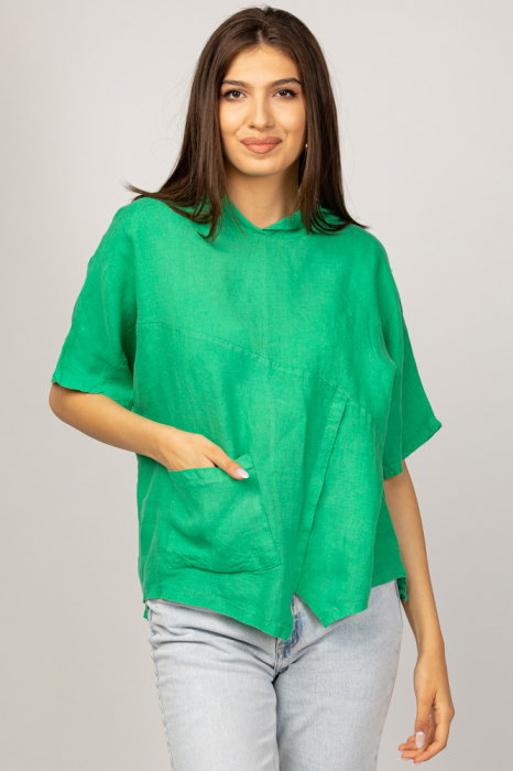 Bluza verde asimetrica din in, cu gluga
